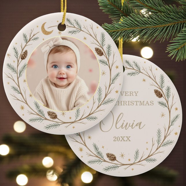 Ornamento De Cerâmica Cute Celestial Baby First Christmas Photo (Criador carregado)