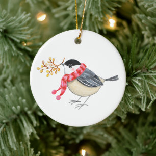 Ornamento De Cerâmica Cute Chickadee com Sprig Golden Personalizado nome
