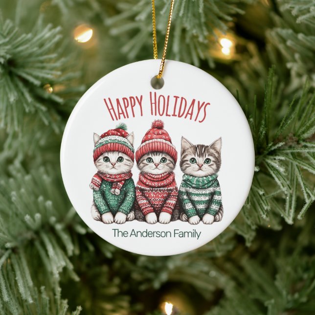 Ornamento De Cerâmica Cute Christmas Cat Ornament | Custom Family Name (Árvore)