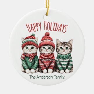Ornamento De Cerâmica Cute Christmas Cat Ornament | Custom Family Name