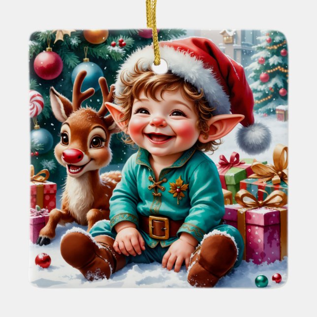 Ornamento De Cerâmica Cute Christmas Elf & Reindeer  (Frente)