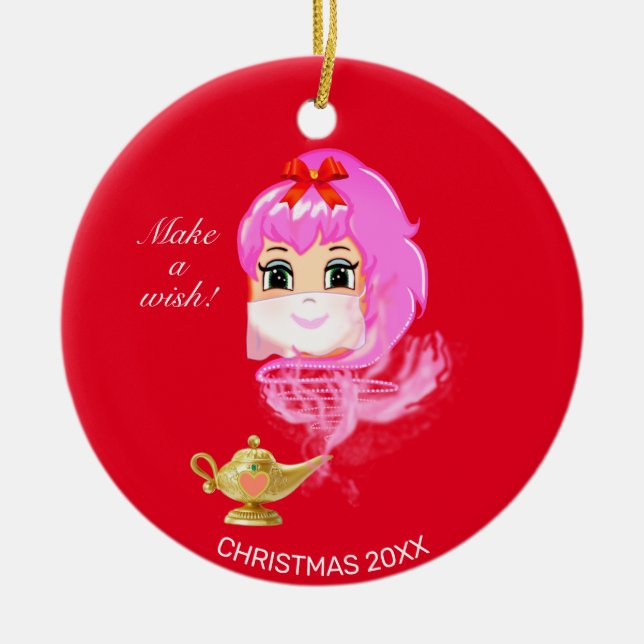 Ornamento De Cerâmica Cute Christmas Genie & Magic Lamp on Red (Frente)