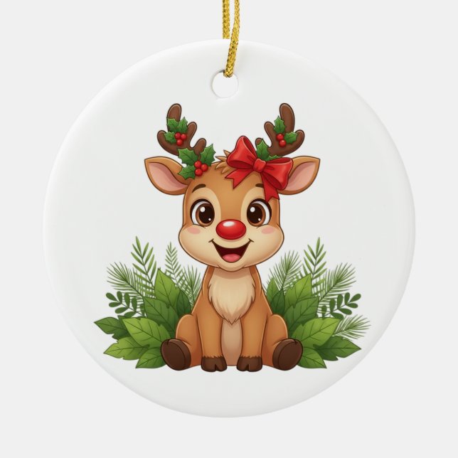 Ornamento De Cerâmica Cute Christmas Reindeer, Reindeer Holiday  (Frente)