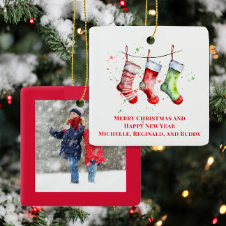 Ornamento De Cerâmica Cute Christmas Stocking Custom Photo 