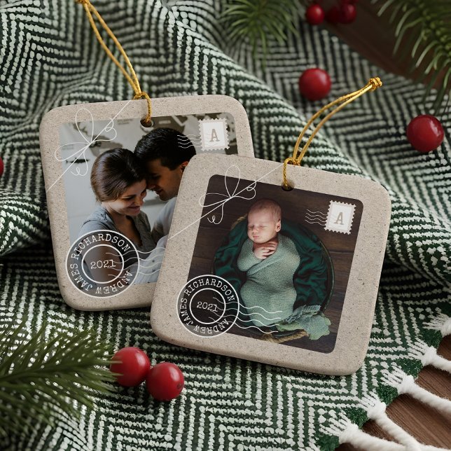 Ornamento De Cerâmica Cute Delivery Parcel Baby Birth Announcement Photo (Cute Delivery Parcel Baby Birth Announcement Photo Ceramic Ornament)