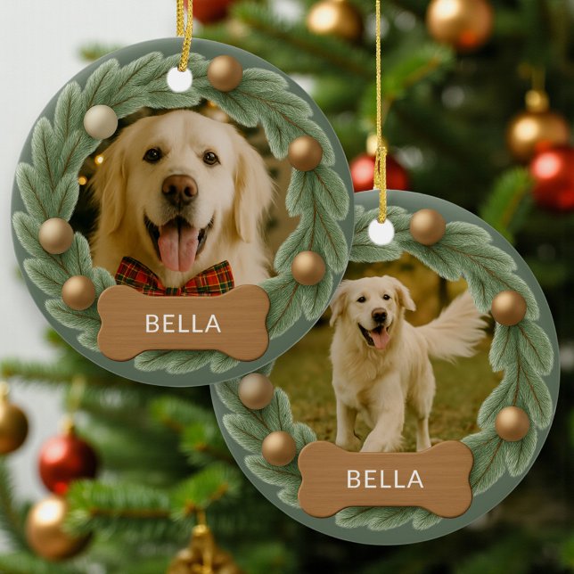 Ornamento De Cerâmica Cute Dog Photo Wreath Holiday Christmas (Criador carregado)