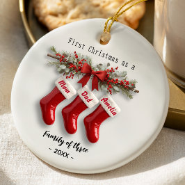 Ornamento De Cerâmica Cute first Christmas family of 3 stockings