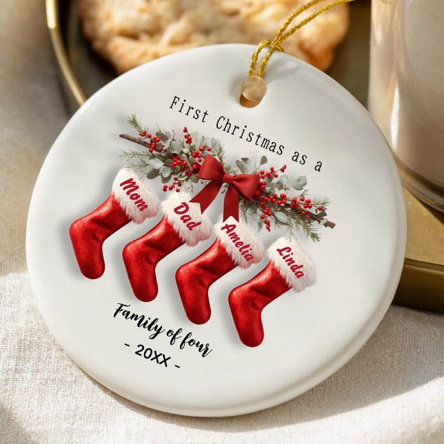 Ornamento De Cerâmica Cute first Christmas family of four stockings (Criador carregado)