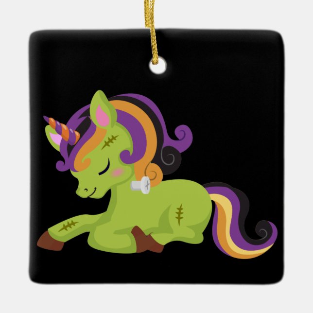 Ornamento De Cerâmica Cute Frankenstein Unicorn Halloween (Frente)