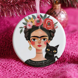 Ornamento De Cerâmica Cute Frida Kahlo & Black Cat Nome do Animal de Est