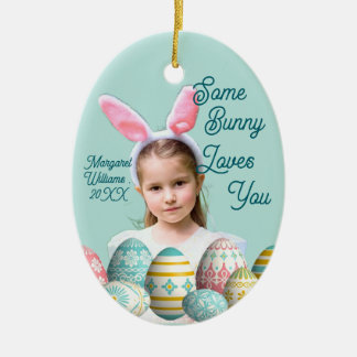 Ornamento De Cerâmica Cute Girl Photo Bunny Ears Blue