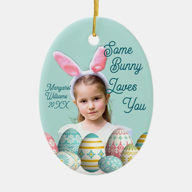 Ornamento De Cerâmica Cute Girl Photo Bunny Ears Blue  (Frente)