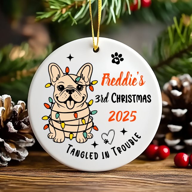 Ornamento De Cerâmica Cute Hand Drawn French Bulldog's First Christmas (Hand drawn custom French Bulldog Ceramic Ornament)
