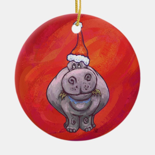 Ornamento De Cerâmica Cute Hippo em Santa Hat em Vermelho (Frente)