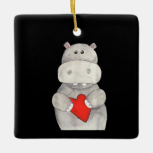 Ornamento De Cerâmica Cute Hippo Hippopotamus Segurando Coração   Love H