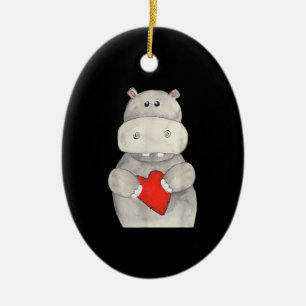 Ornamento De Cerâmica Cute Hippo Hippopotamus Segurando Coração Love H
