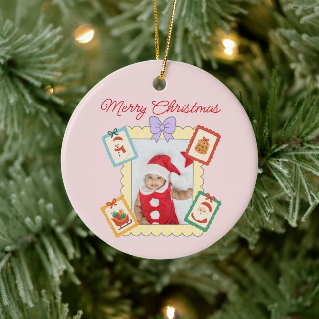 Ornamento De Cerâmica Cute Holiday Keepsake with Festive Pastel Frames  (Árvore)