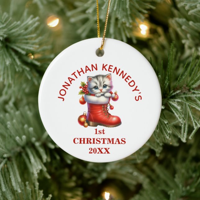 Ornamento De Cerâmica Cute Kitten Primeiro Natal Personalizado (Árvore)