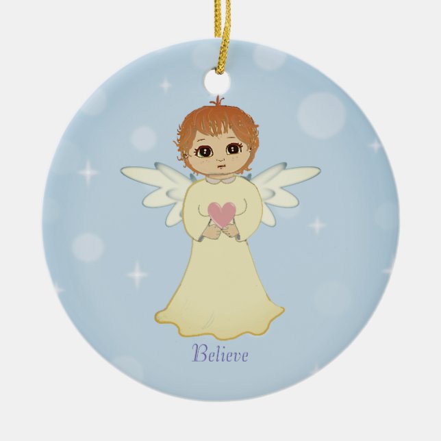 Ornamento De Cerâmica Cute little angel on light blue (Frente)
