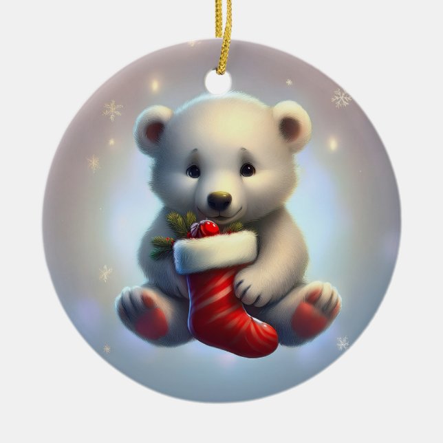Ornamento De Cerâmica Cute Little Christmas Polar Bear (Frente)