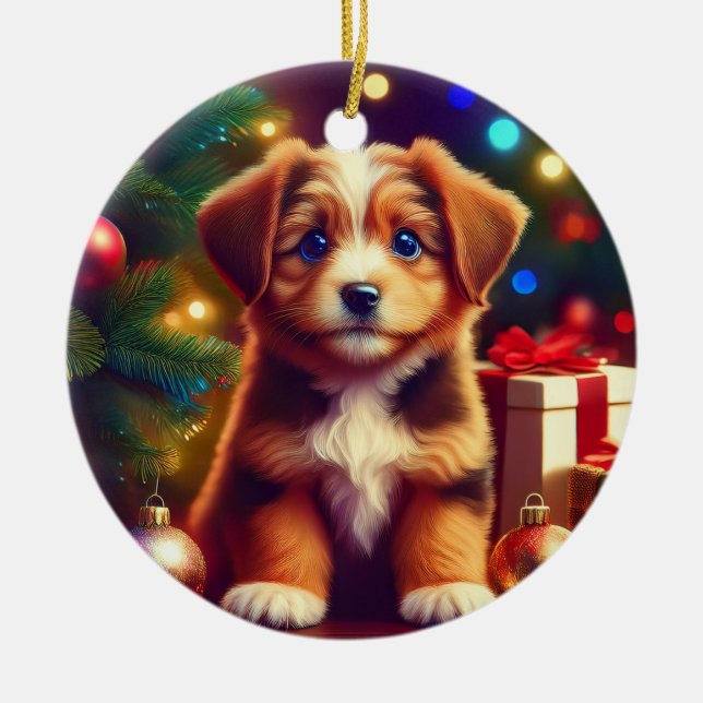 Ornamento De Cerâmica Cute Little Christmas Puppy (Frente)