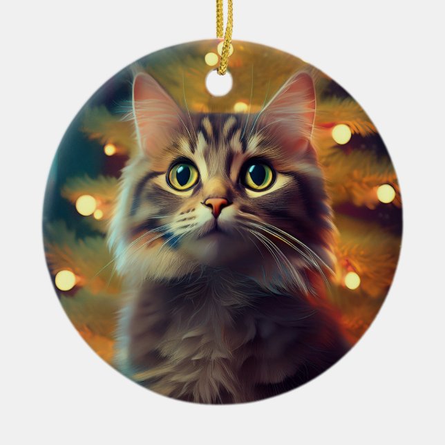 Ornamento De Cerâmica Cute Little Kitten Playing With Christmas Bulb (Frente)