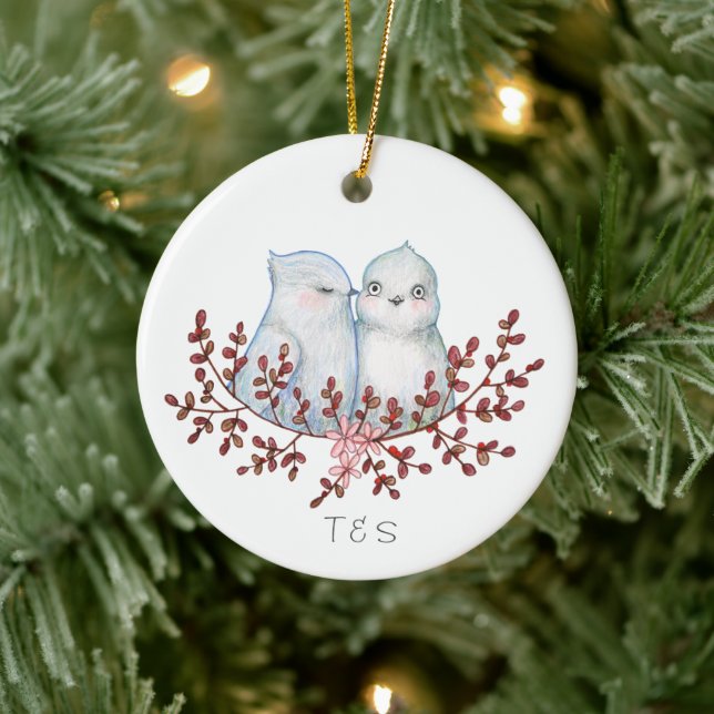 Ornamento De Cerâmica Cute Lovebirds Couples First Christmas Together (Árvore)