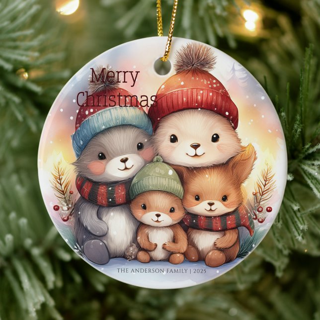 Ornamento De Cerâmica Cute Merry Christmas Woodland Animal Family (Criador carregado)