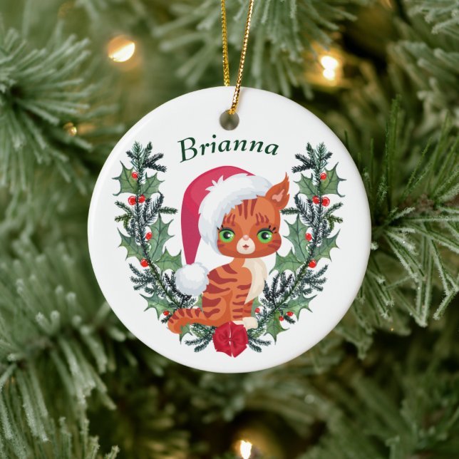 Ornamento De Cerâmica Cute Orange Tabby Kitten Christmas Wreath (Árvore)