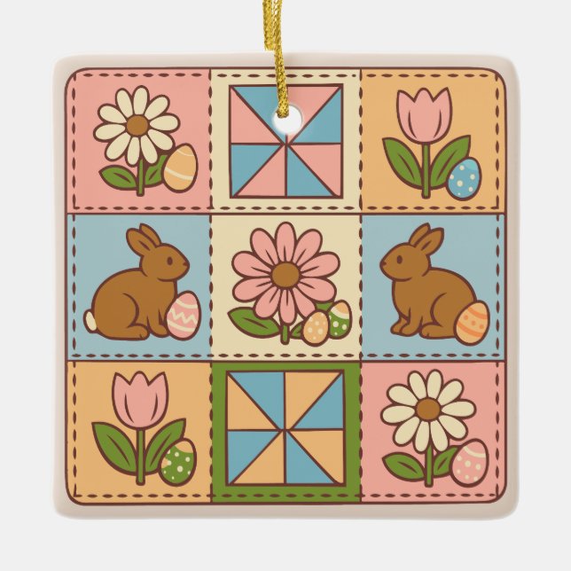 Ornamento De Cerâmica Cute Pastel Easter Bunny Flower Patchwork  (Frente)
