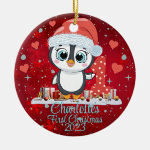 Ornamento De Cerâmica Cute Penguin Baby's First Christmas Red