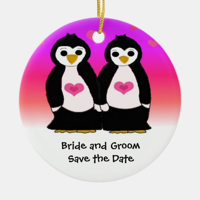 Ornamento De Cerâmica Cute Penguin Couple Save the Date (Frente)