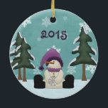 Ornamento De Cerâmica Cute Personalized Snowman in Woods Christmas<br><div class="desc">This Christmas ornament features a cute snowman wearing a purple hat,  scarf and boots.  The snowman is sitting in the snow and is surrounded by woodland trees and charming snowflakes.  This ornament can be personalized with a name and year.  *</div>