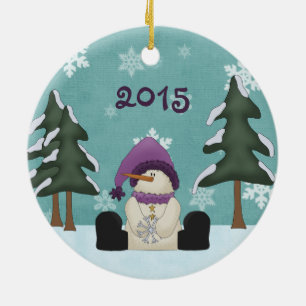 Ornamento De Cerâmica Cute Personalized Snowman in Woods Christmas