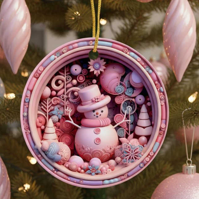 Ornamento De Cerâmica Cute Pink Snowman Christmas (fun cute pink 3D effect snowman personalized Christmas ornament with custom family name and year)