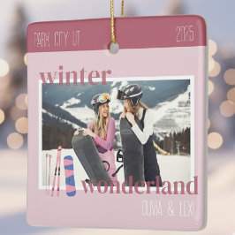 Ornamento De Cerâmica Cute Pink Winter Ski Theme Keepsake Photo 