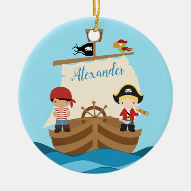 Ornamento De Cerâmica Cute Pirate Boys E Um Grande Nome Personalizado De (Frente)