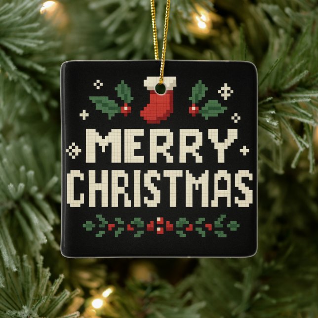 Ornamento De Cerâmica Cute pixel art Merry Christmas (Árvore)