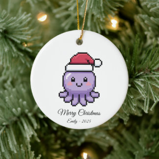 Ornamento De Cerâmica Cute Pixel Art Octopus Santa Hat Christmas Gift