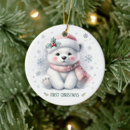 Ornamento De Cerâmica Cute Polar Bear First Christmas Keepsake Photo