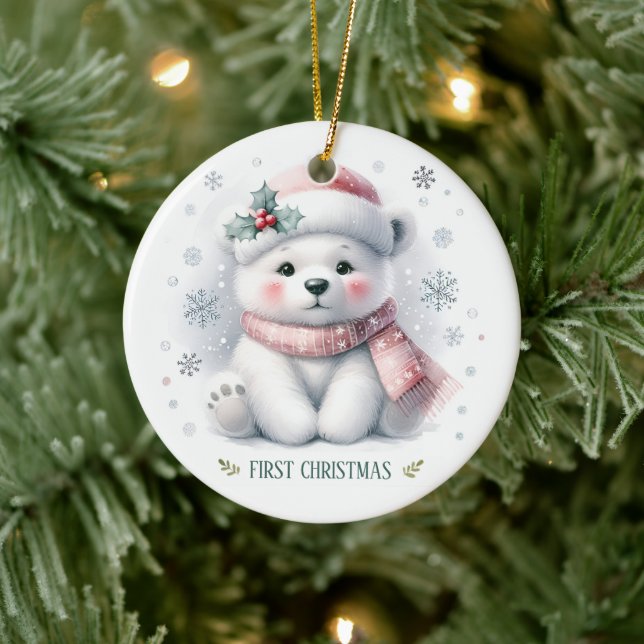 Ornamento De Cerâmica Cute Polar Bear First Christmas Keepsake Photo (Árvore)