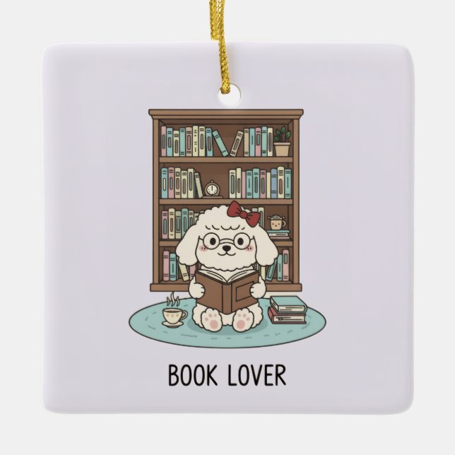Ornamento De Cerâmica Cute Poodle Puppy Dog Book Lover Pastel Christmas (Frente)