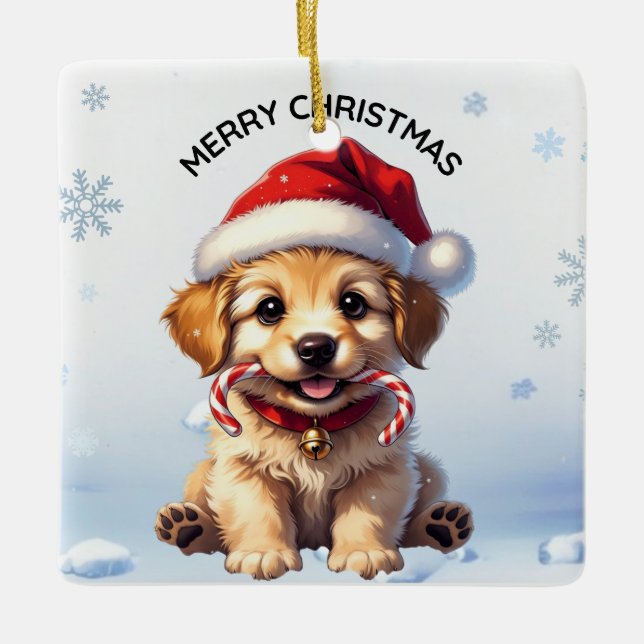 Ornamento De Cerâmica Cute Puppy Christmas Golden Retriever Holiday (Frente)