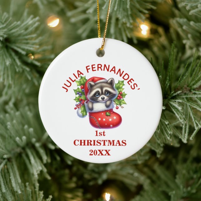 Ornamento De Cerâmica Cute Racoon Primeiro Natal Personalizado (Árvore)