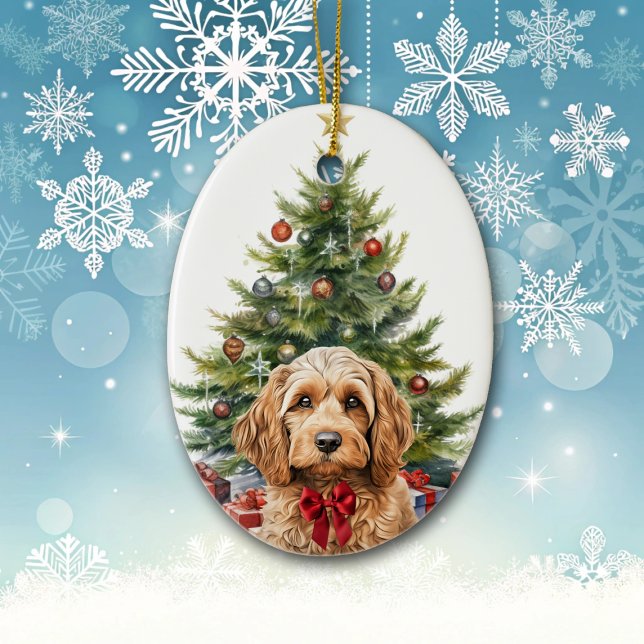 Ornamento De Cerâmica Cute Red Bow Cockapoo Dog Christmas (Criador carregado)
