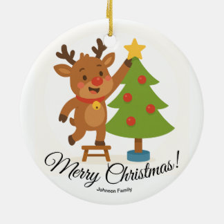 Ornamento De Cerâmica Cute Reindeer Decorating Tree Personalized Name