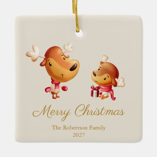 Ornamento De Cerâmica Cute Reindeer Merry Christmas Ornament (Frente)