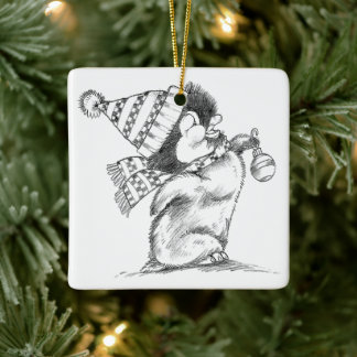 Ornamento De Cerâmica Cute Retro Christmas Penguin with Hat and Scarf