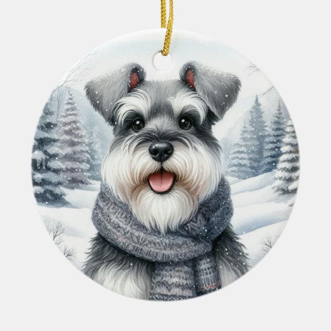 Ornamento De Cerâmica Cute Schnauzer Winter Wonderland Natal (Frente)