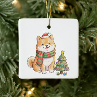 Ornamento De Cerâmica Cute Shiba Inu de Natal com Chapéu e Cachecol de S